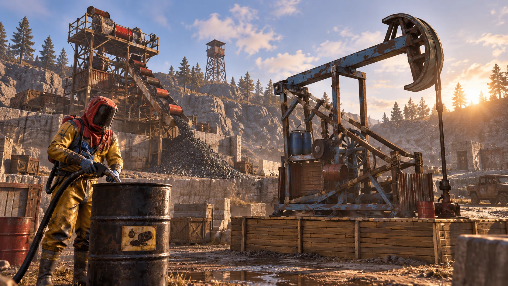 Rust-inspired illustration of private quarries, pumpjacks and public mining