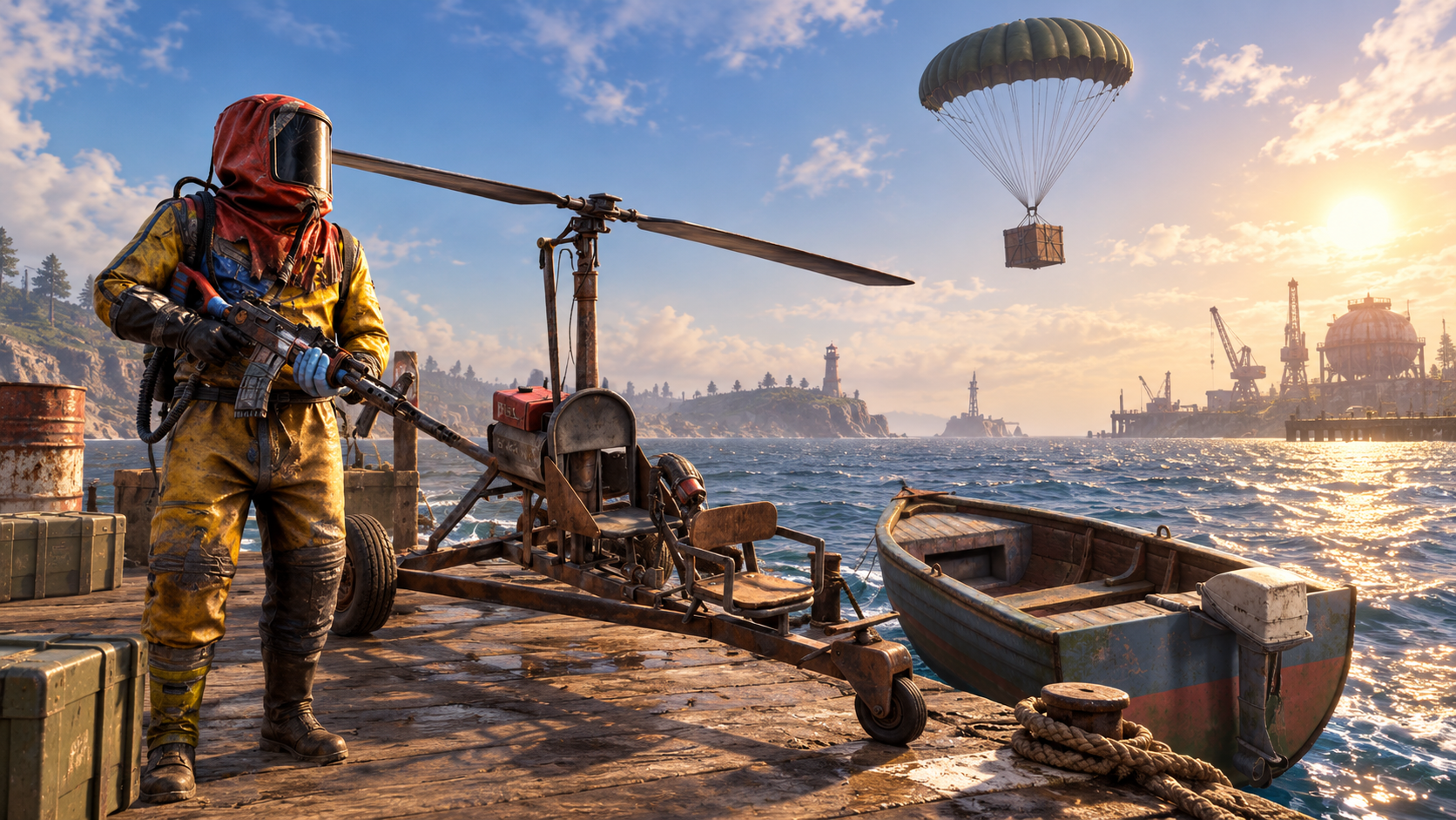 Rust-inspired illustration of vehicle airdrops and deep sea travel