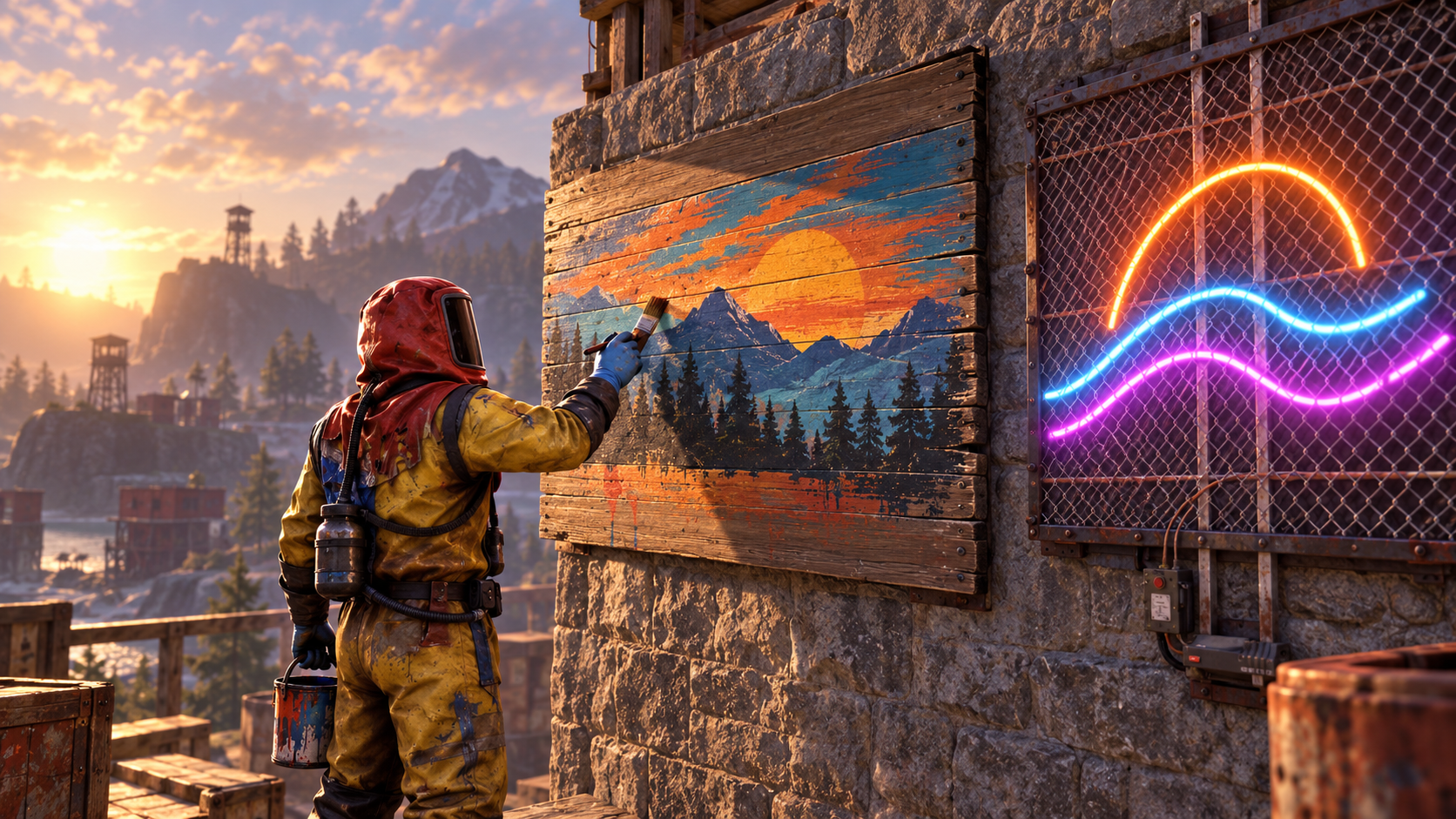 Rust-inspired illustration of custom sign art and animated displays