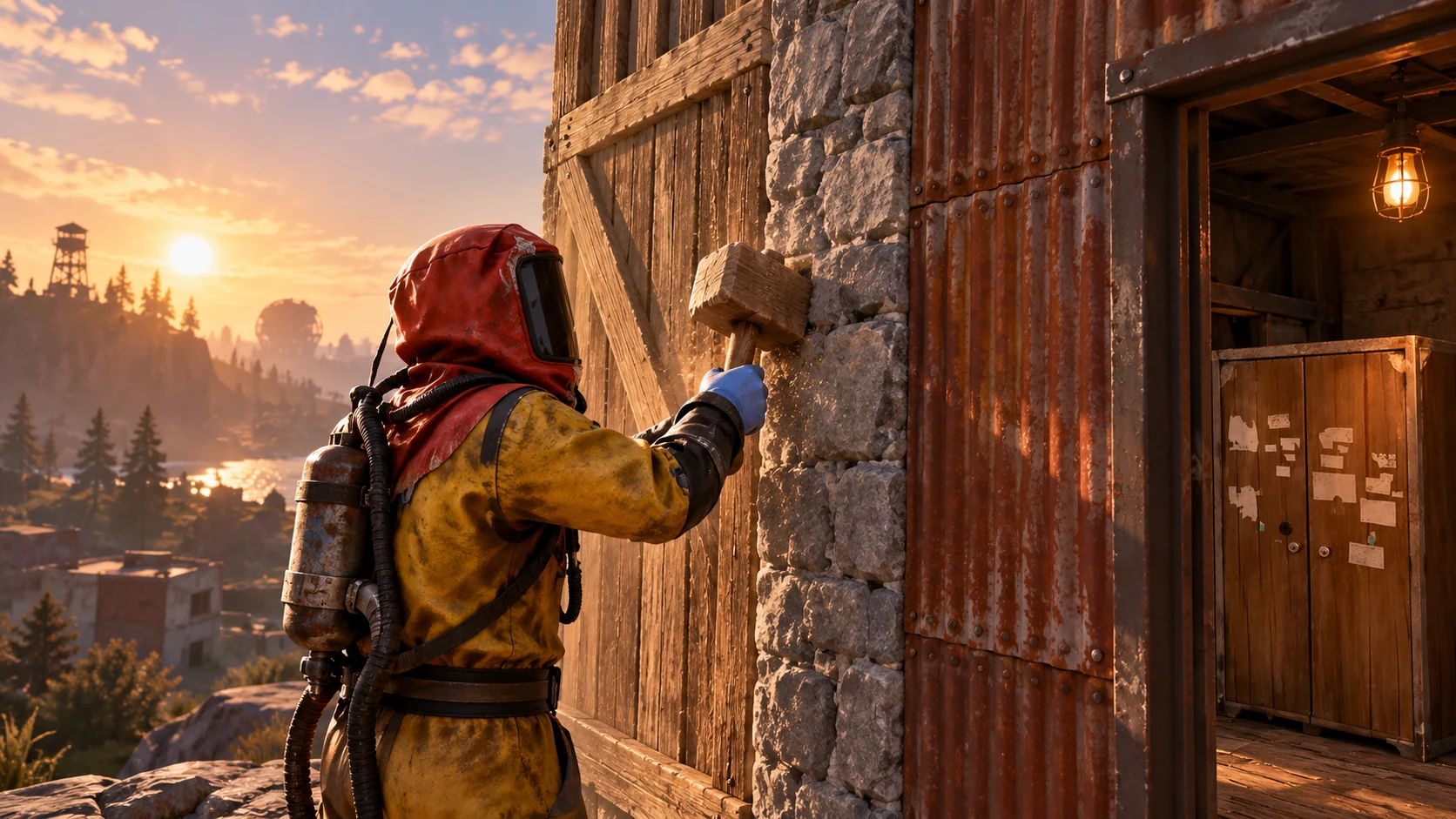 Rust-inspired illustration of base upgrades, repairs and building tools